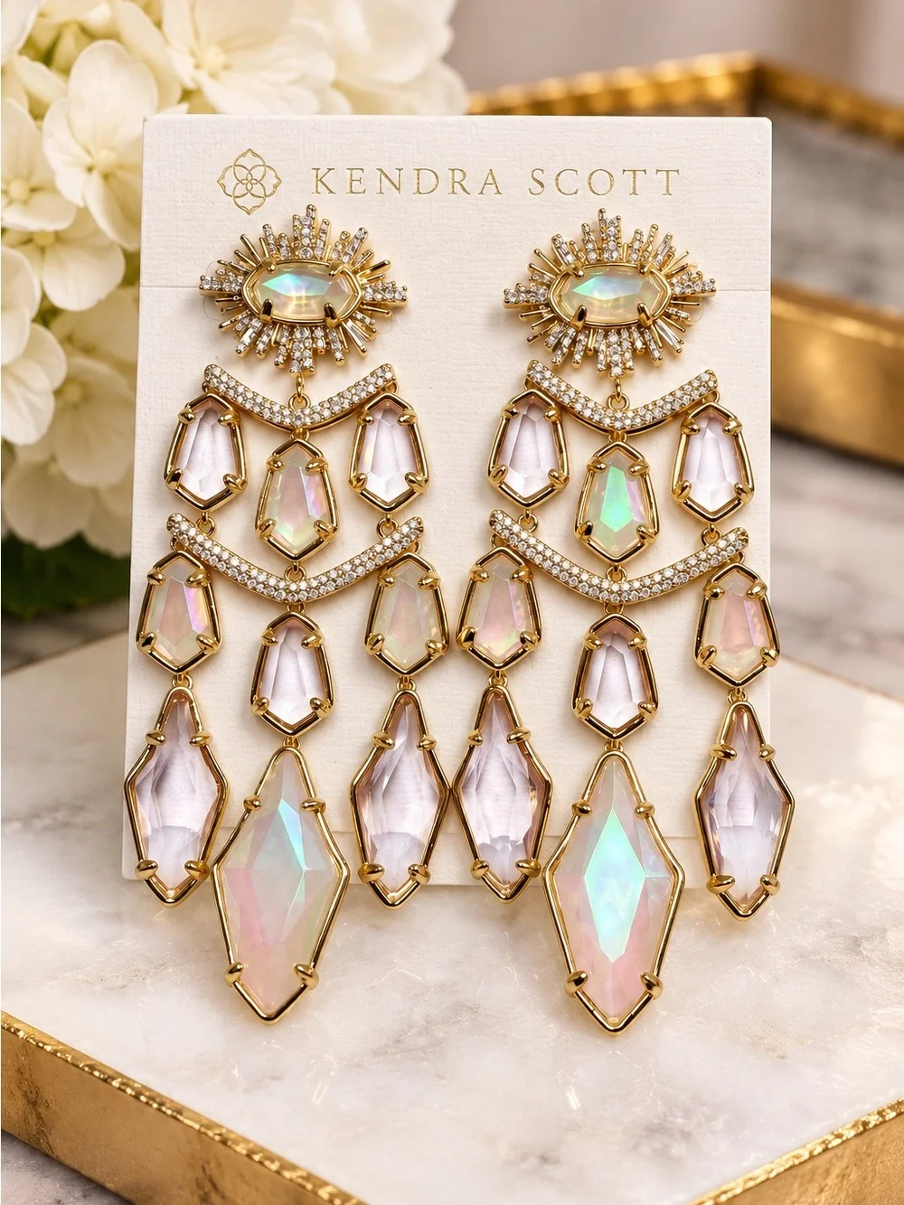 Kendra Scott Alexandria Gold Tiered Statement Earrings in White Mix